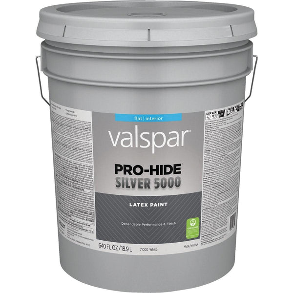Valspar 028.0071000.008 Pro-Hide Silver 5000 Latex Flat Interior Wall Paint White Base 5 Gal.